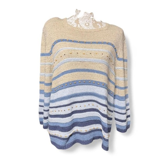 Alfred Dunner Coastal Grandma Core Blue Beige and White Sweater Preppy Vintage - Picture 1 of 6